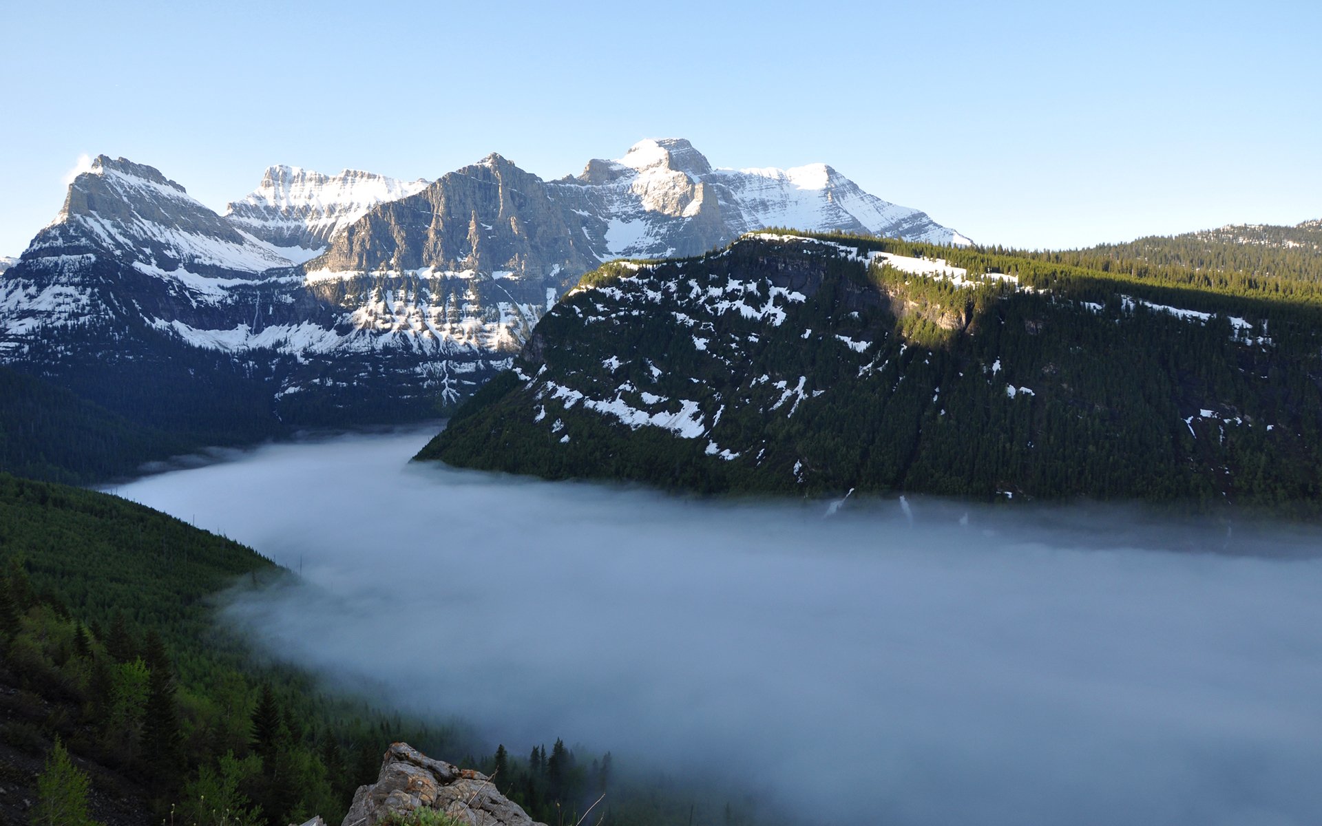 himmel berge schnee see bäume nebel