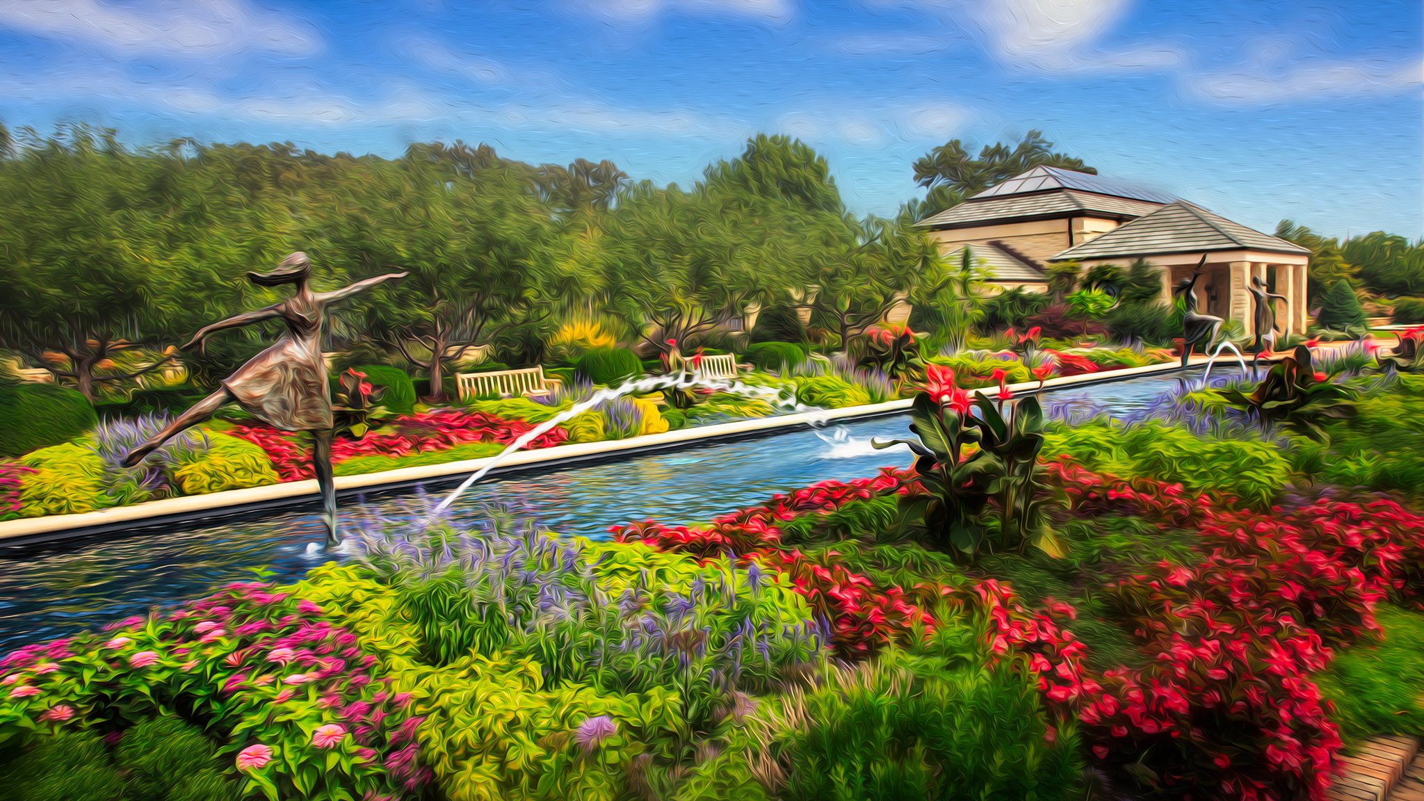 parco sculture piscina fontane fiori lavorazione