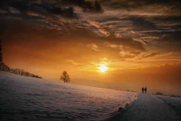 People walking on the background of sunset