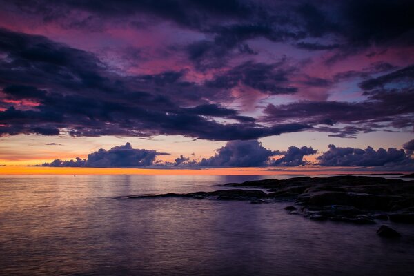 Boundless calm sea with purple clouds