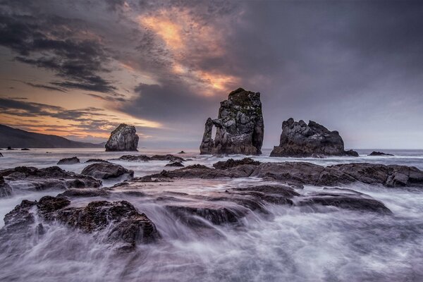 Night landscape of the sea and rocks