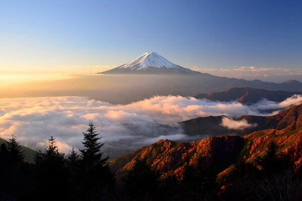 View of the Japanese volcano in autumn