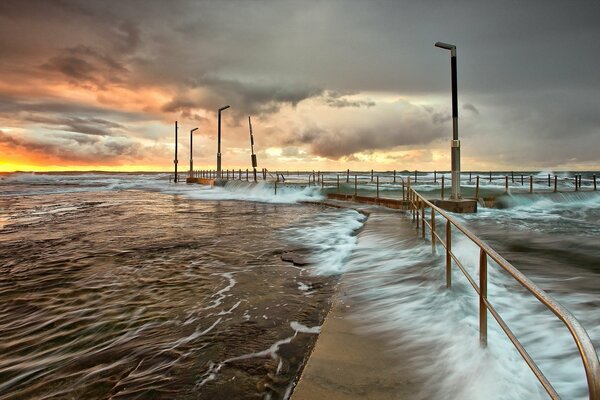 Light waves of the sea at sunset