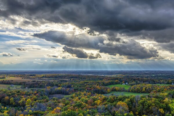 Thunderclouds and glimpses of sunlight over the forest