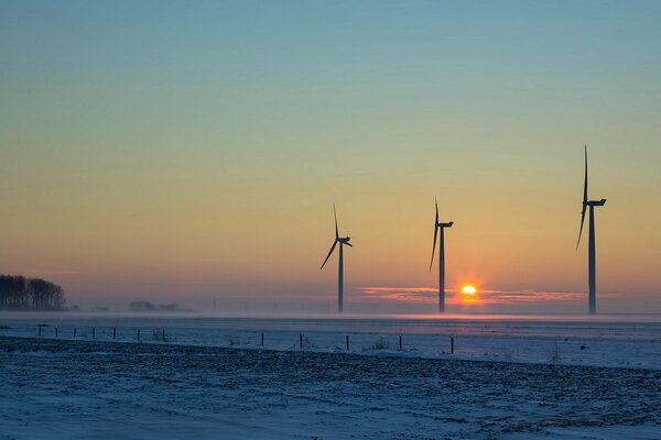 Windmühlen bei Sonnenuntergang des Tages