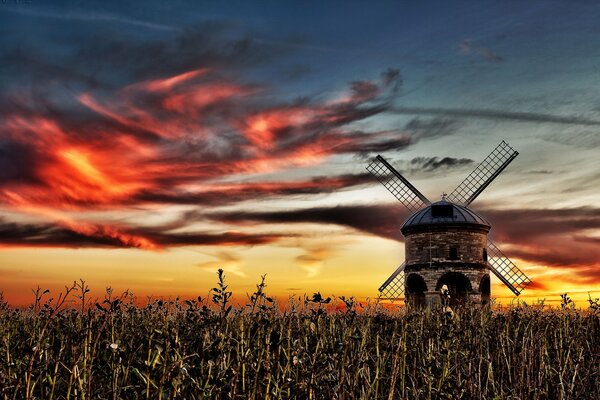 Moulin à vent dans le champ sur fond de beau coucher de soleil