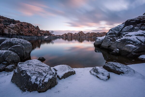 Lake in winter with a beautiful sky