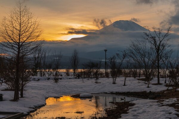 Dawn in the forest on the mountains in winter