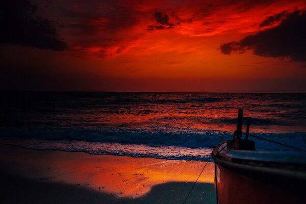 Overnight in a boat on the seashore