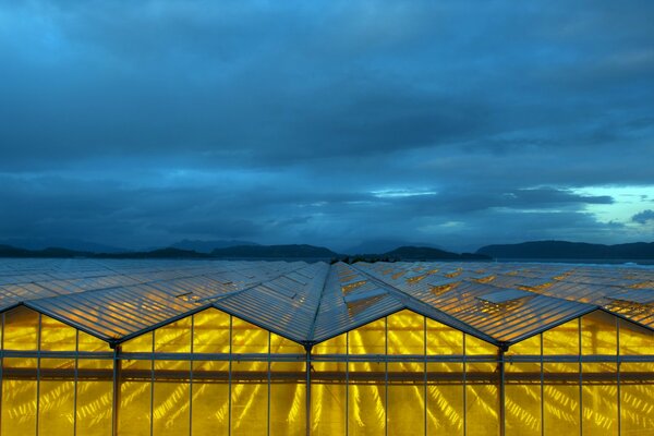 Night landscape on the background of greenhouses