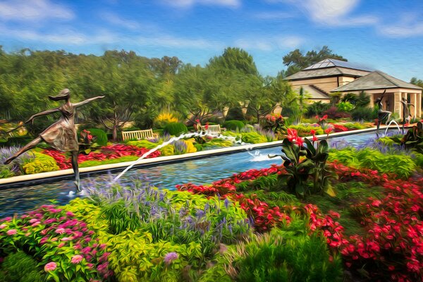 A park with fountains and figures