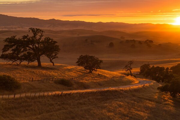 Coucher de soleil écarlate. Route sinueuse