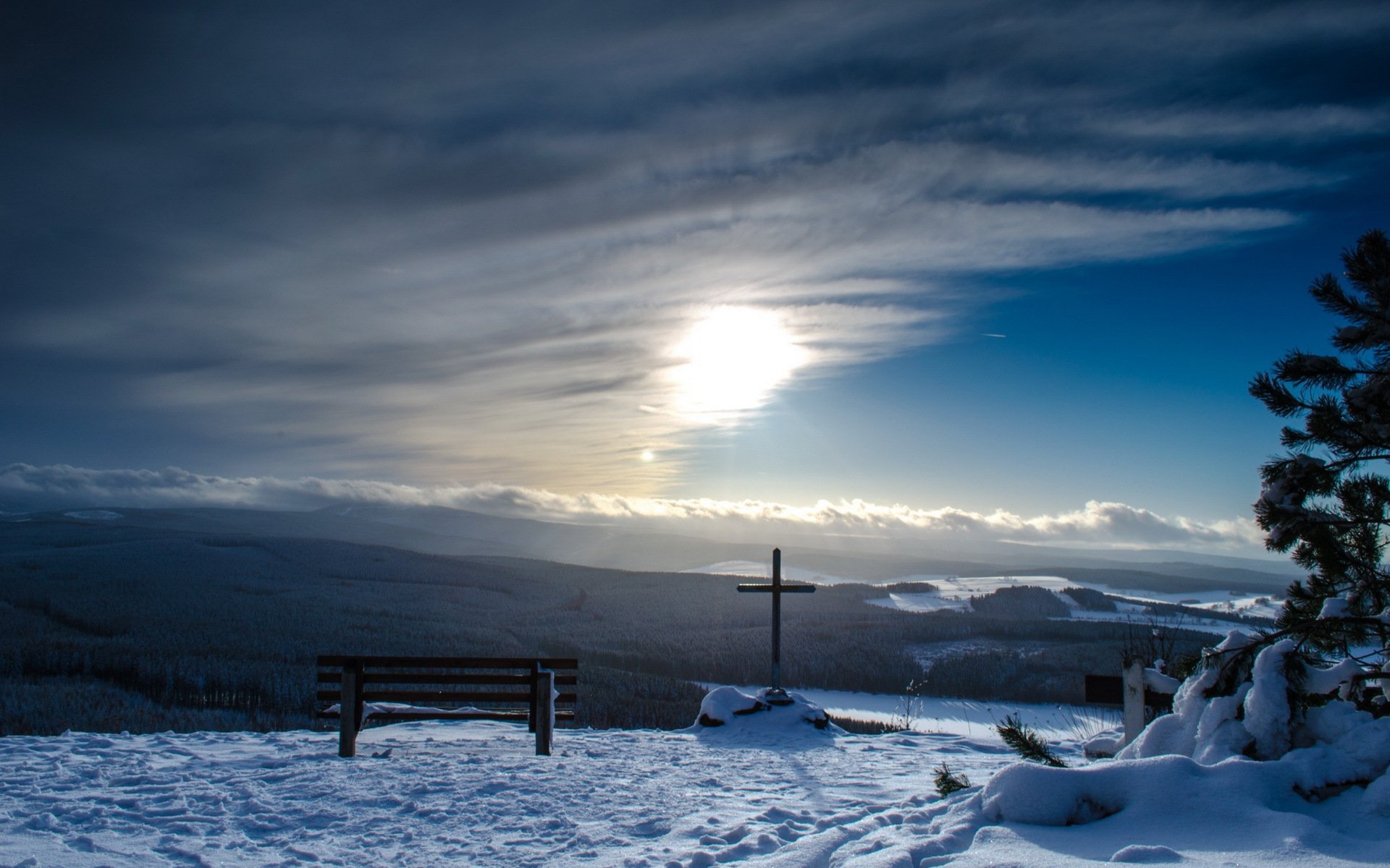 berge bank kreuz landschaft