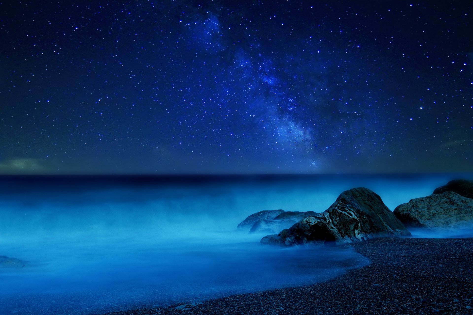 milchstraße nacht sterne himmel nebel meer