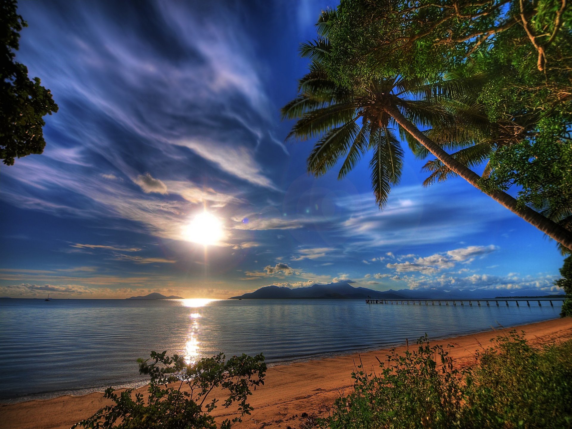 himmel wolken abend meer palme tropen natur sonne reflexion sonnenuntergang pier