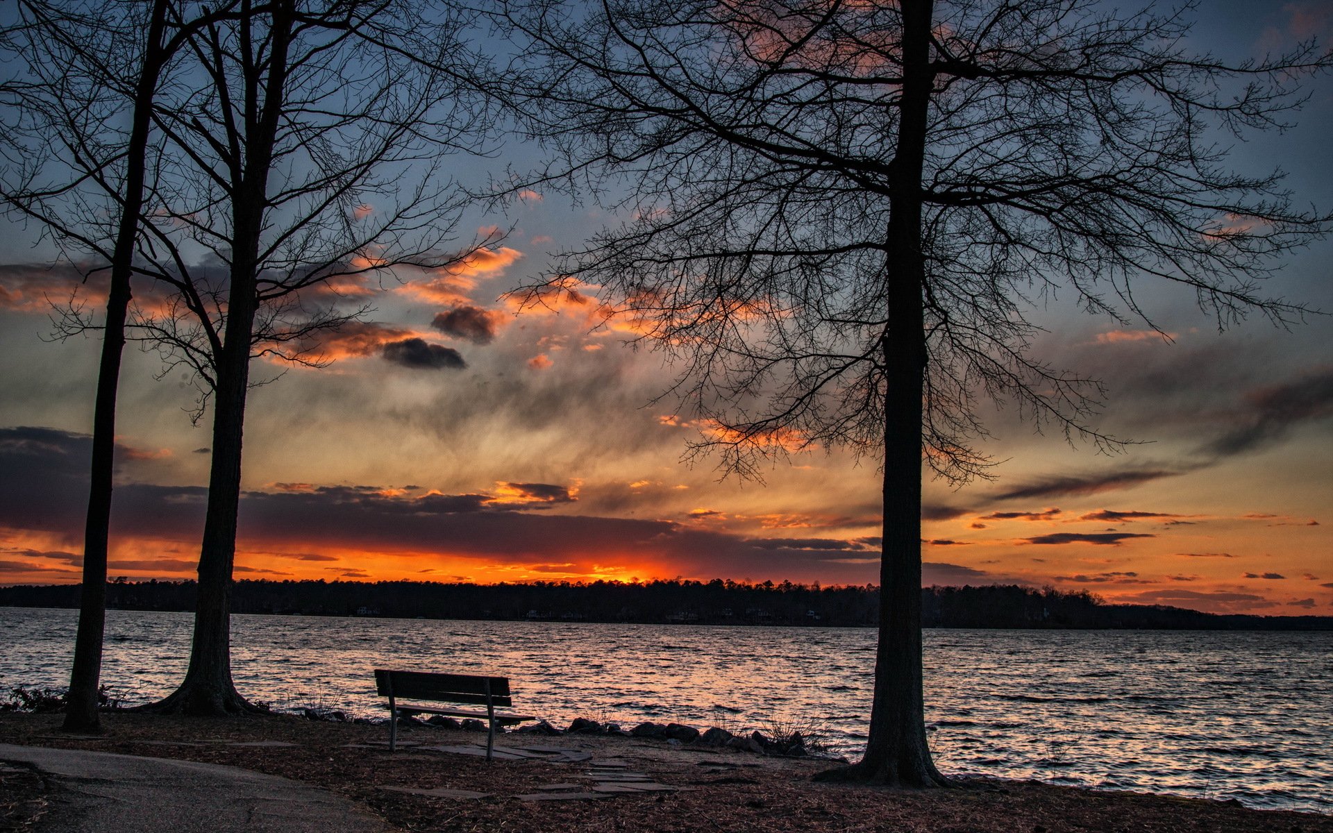 coucher de soleil lac banc paysage