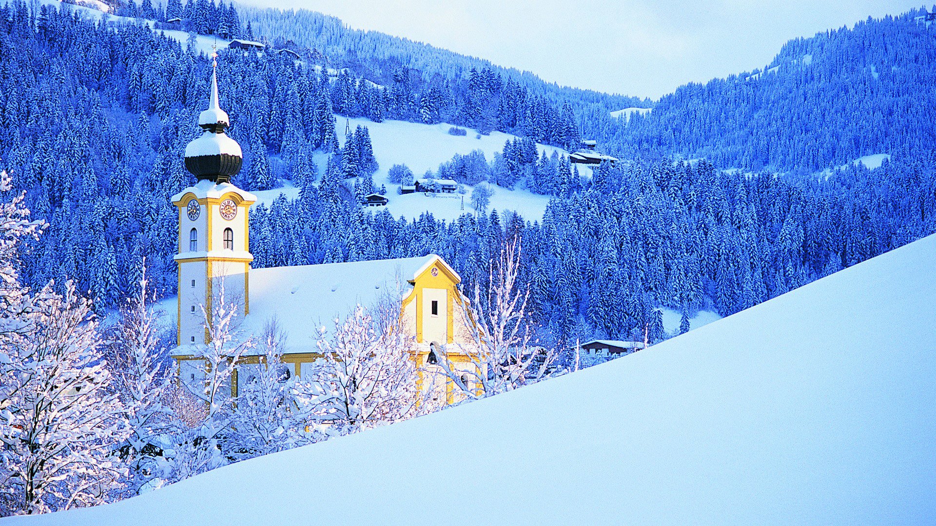 ky mountain winter snow church forest tree house watches tower