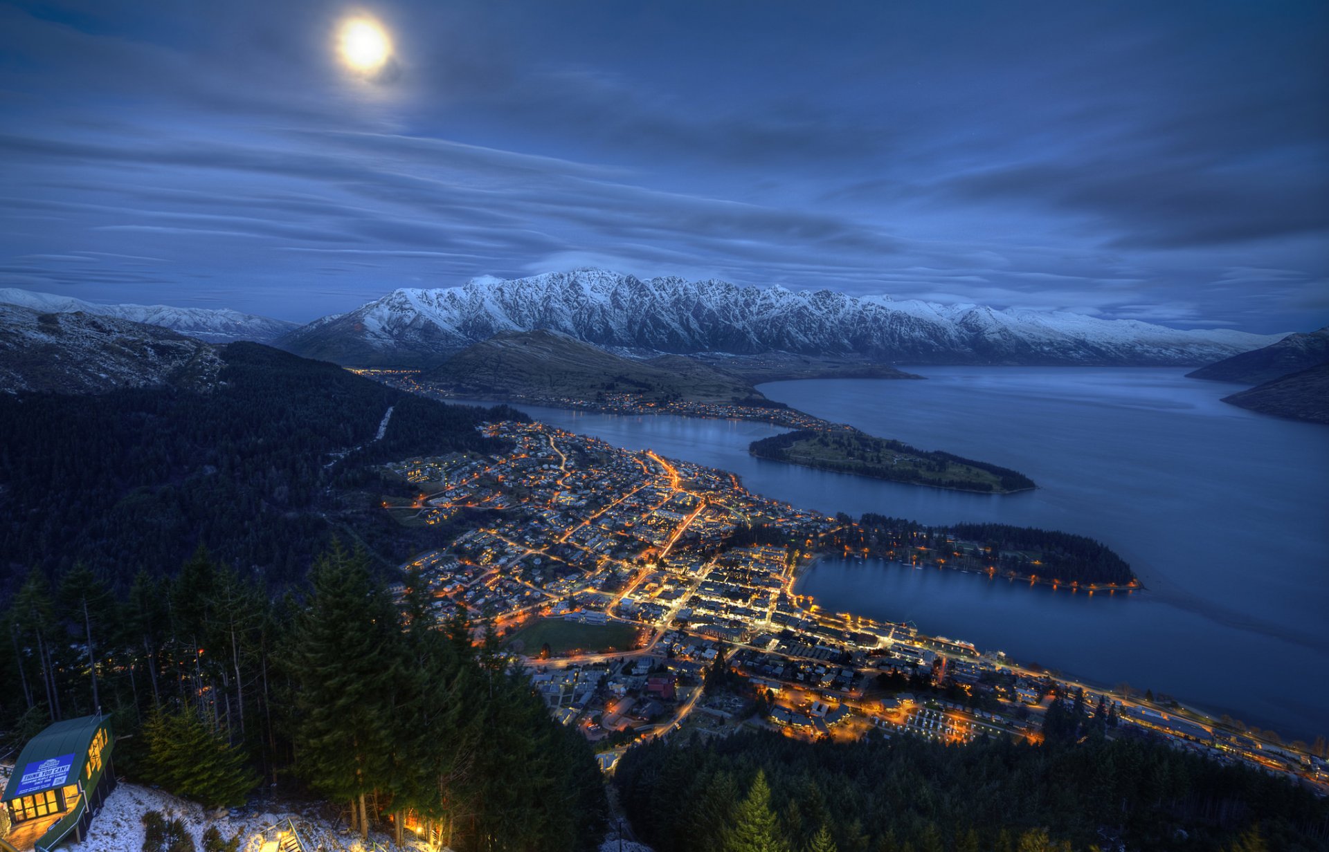 himmel wolken mond nacht berge meer stadt lichter