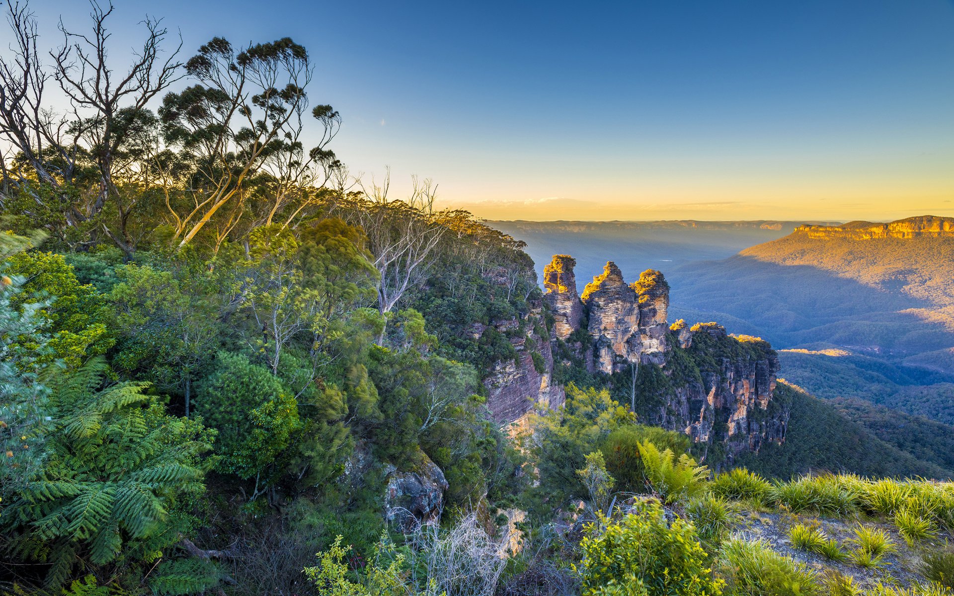 montagnes bleues nouvelle-galles du sud australie ciel horizon coucher de soleil montagnes plantes vallée brume