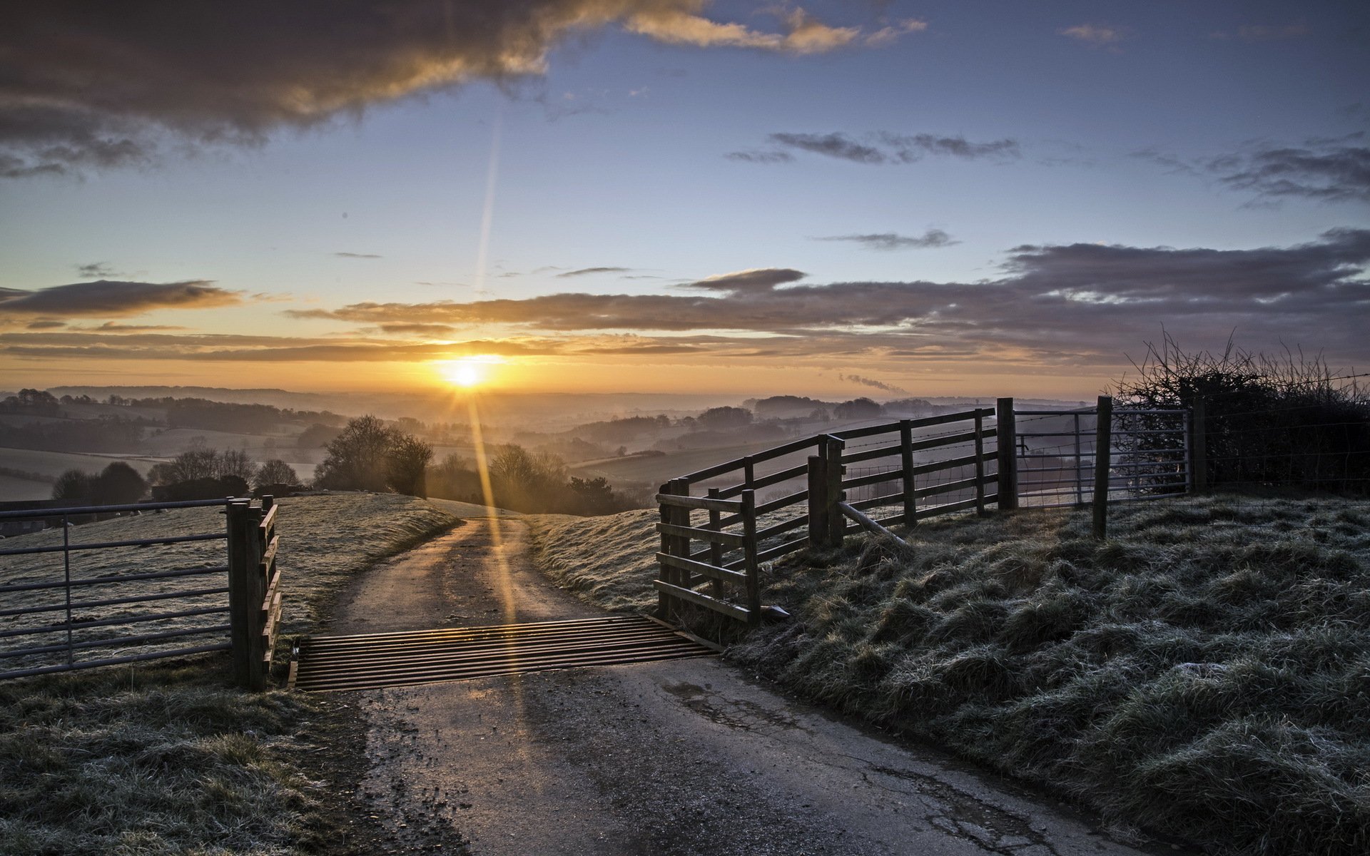 straße sonnenuntergang zaun tor landschaft