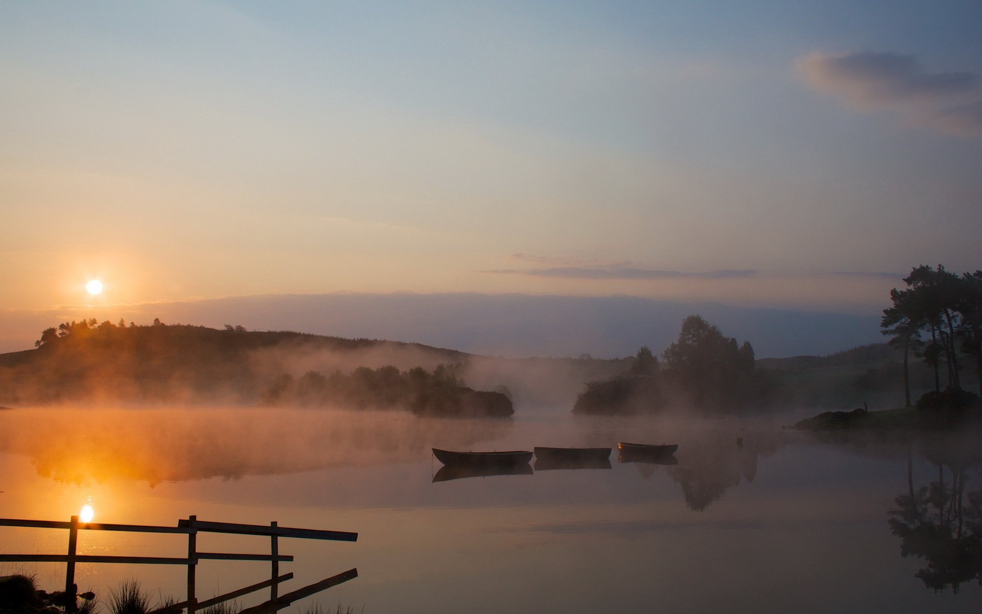 lake morning fog boat