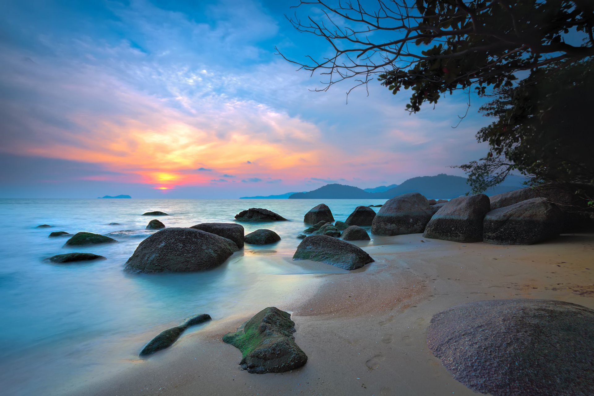 ky clouds glow sea mountain stones tree