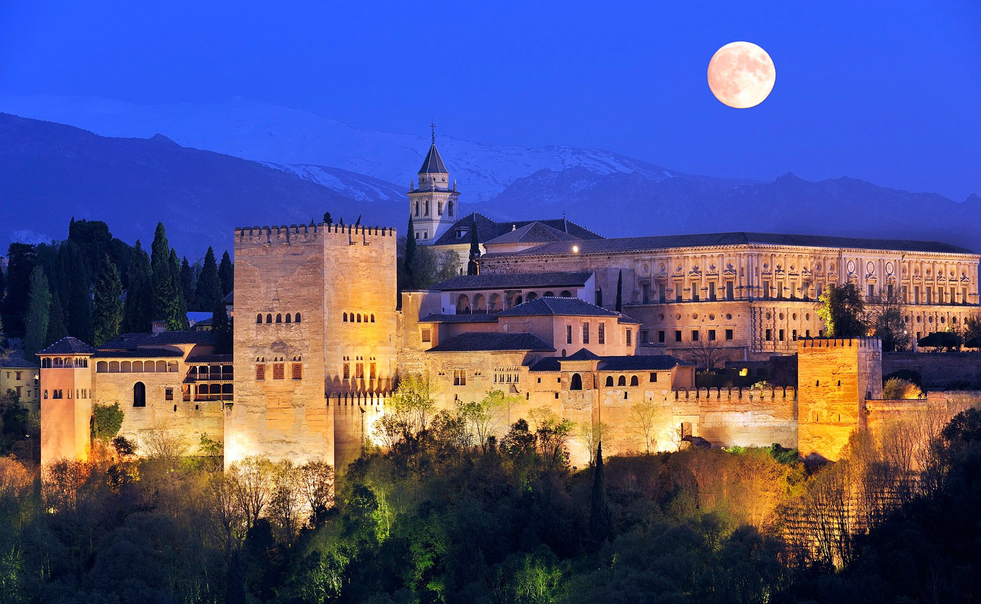 ciel nuit lune montagnes lumières forteresse tour château