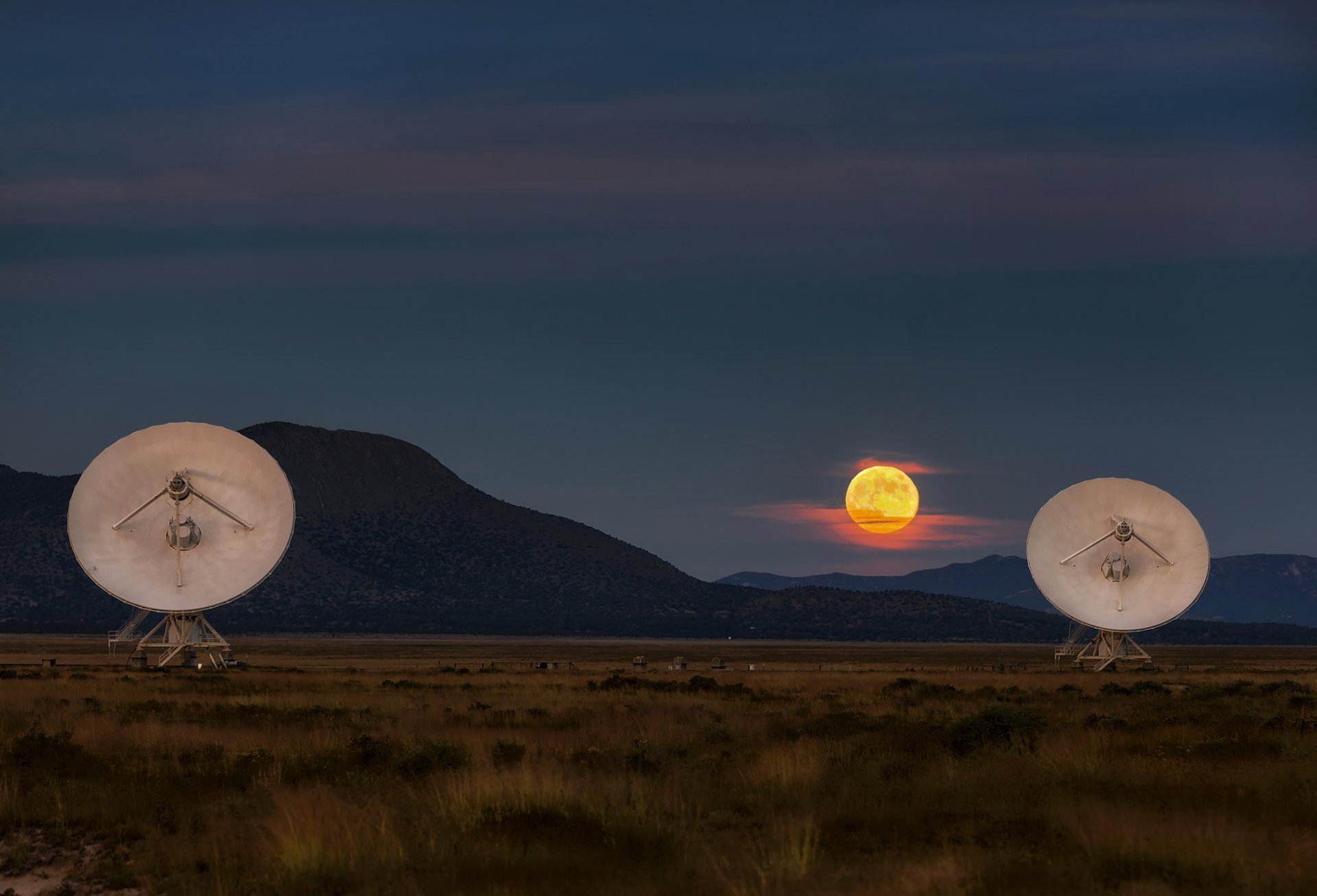 radio telescope landscape sunset twilight mountain moon