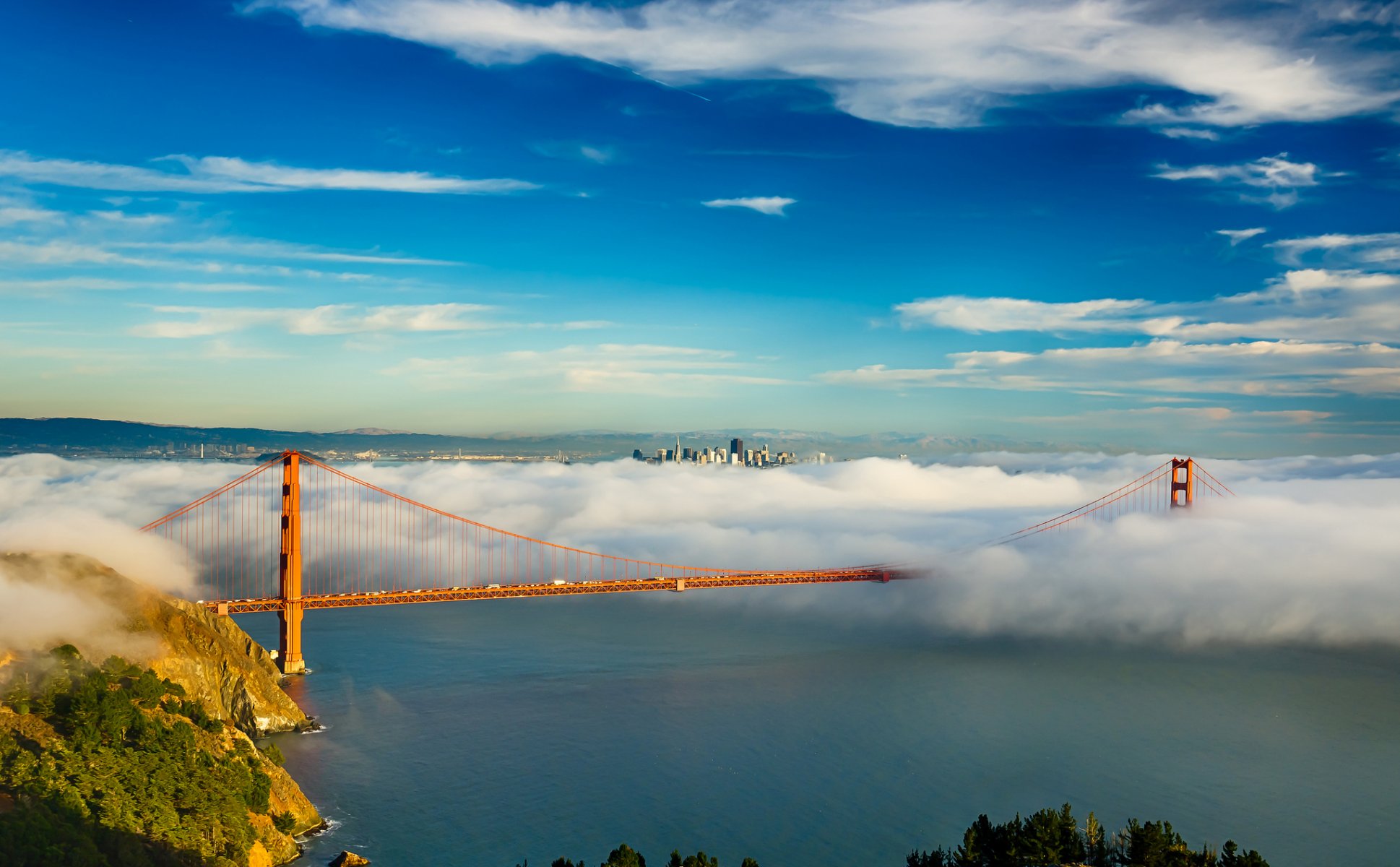 san francisco pont golden gate ciel baie nuages brouillard ville