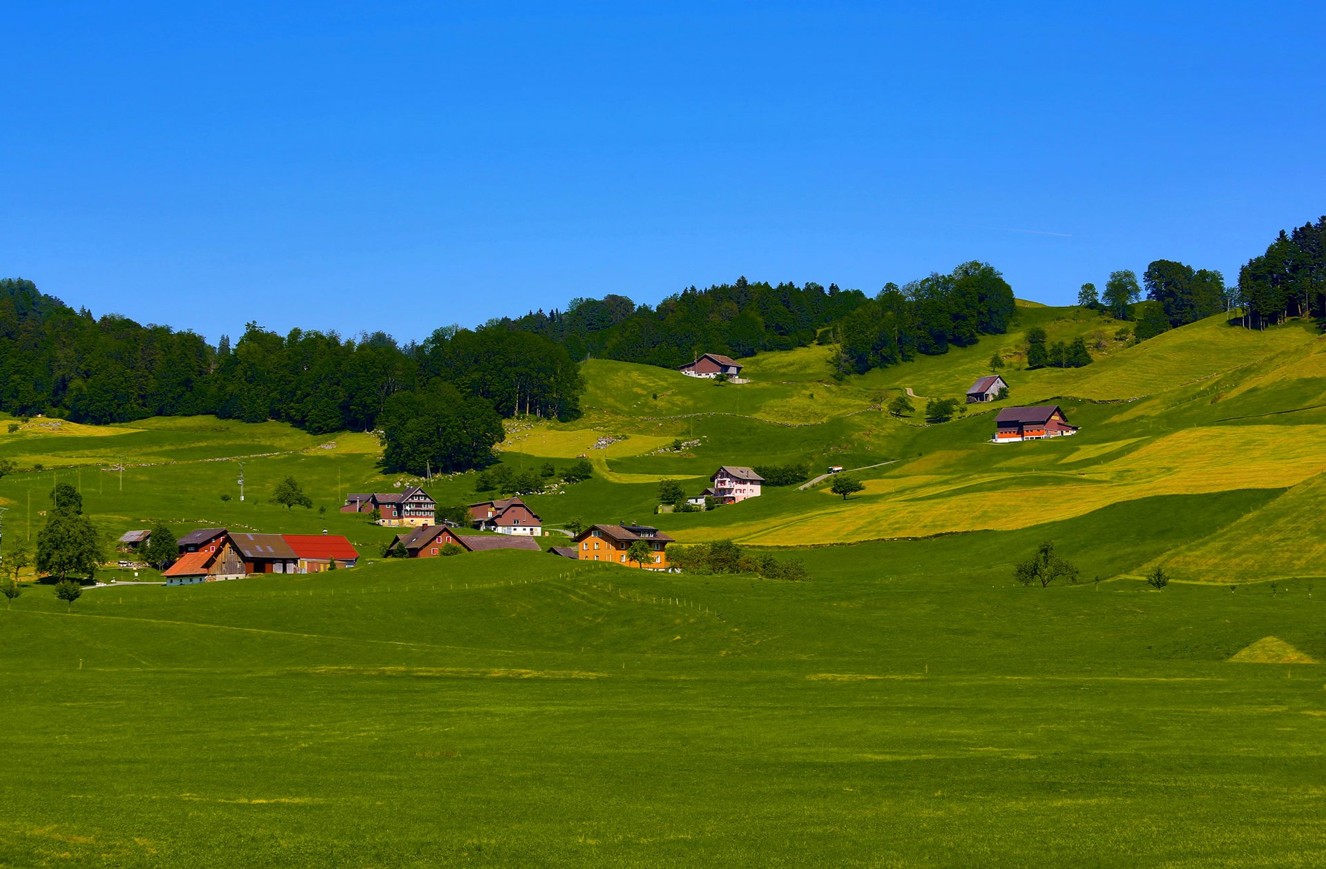 himmel hügel feld gras bäume häuser