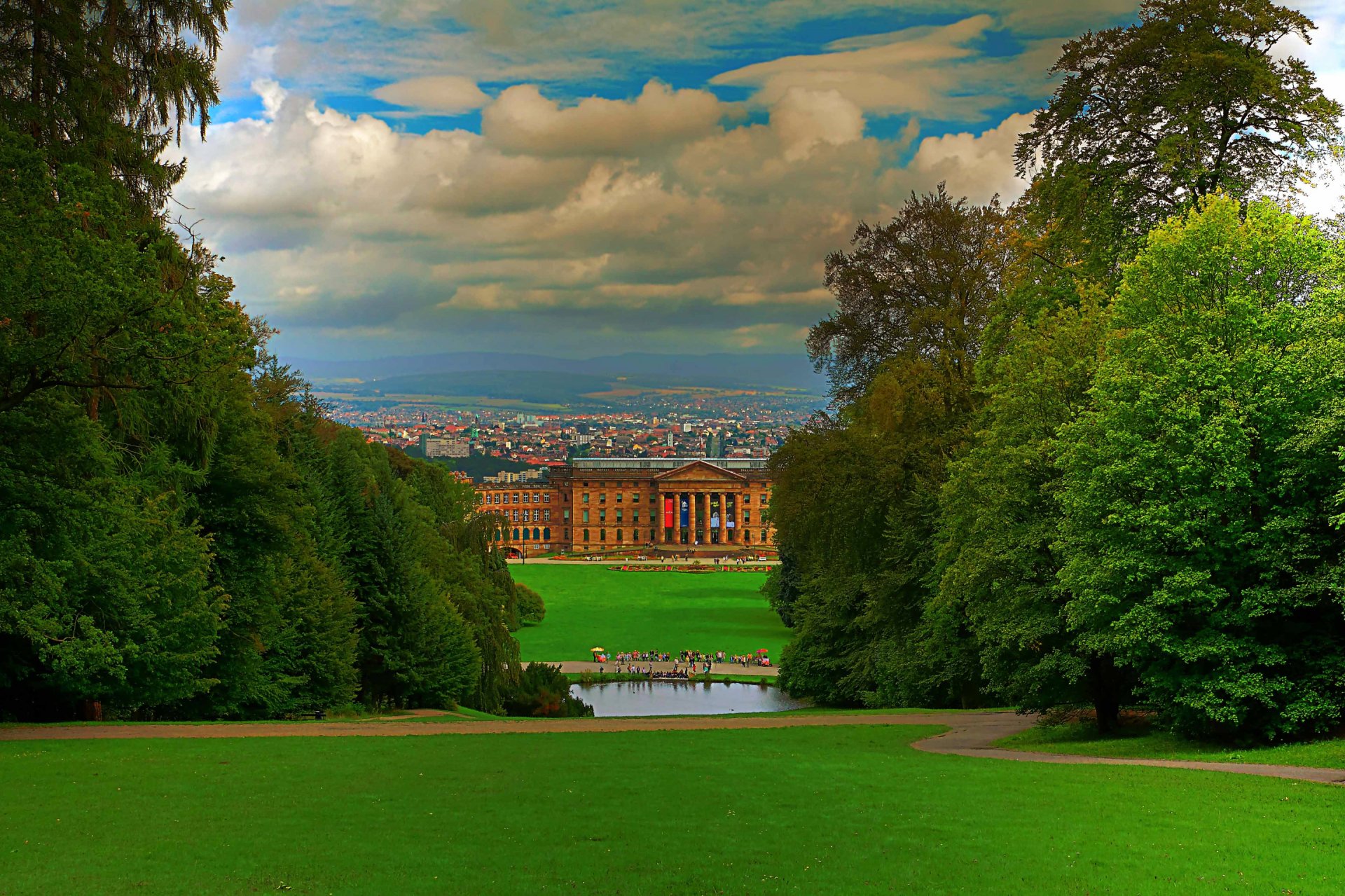 germany sky clouds park tree grass house people town