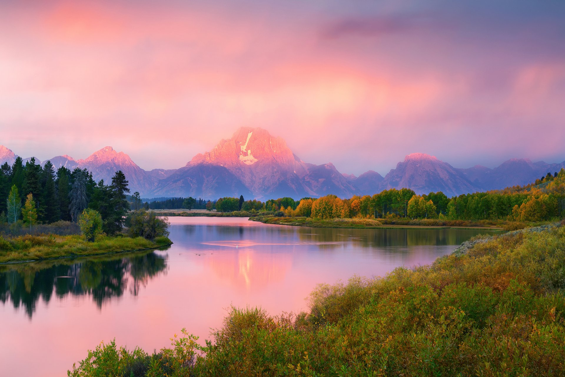 usa wyoming grand teton national park rückstau biegen morgen herbst september wald berge fluss