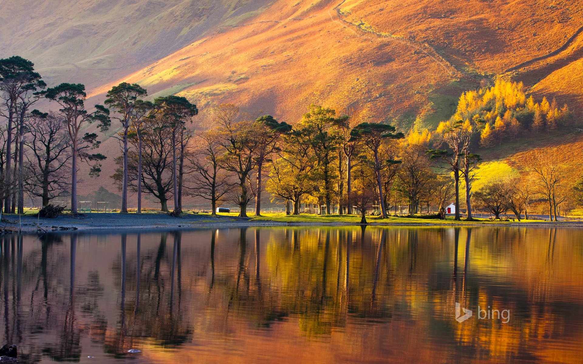 inglaterra parque nacional del distrito del lago montaña pendiente árboles puesta de sol lago casa