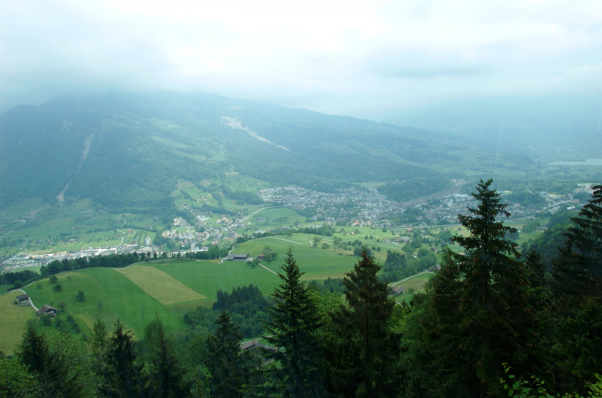 witzerland rigi mount riga fog clouds valley village forest tree