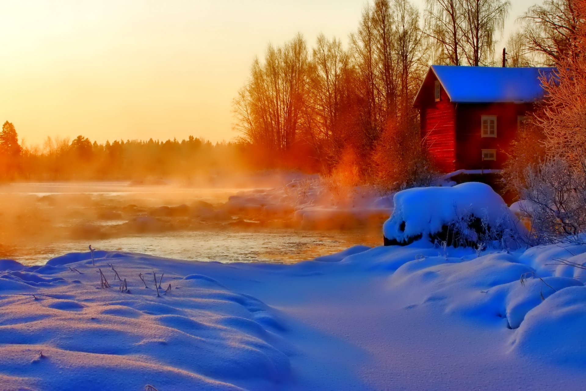 himmel sonnenuntergang winter haus schnee dampf fluss bäume