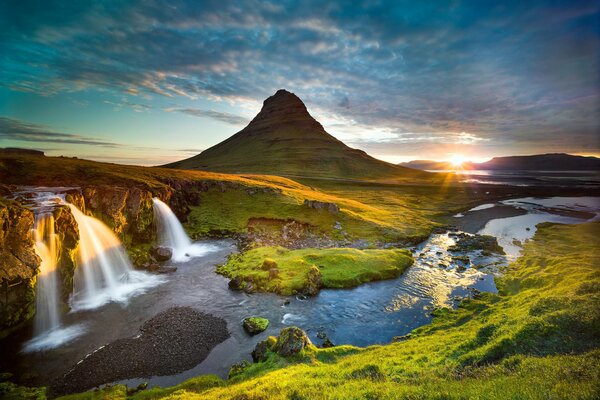 Iceland morning mountain waterfalls