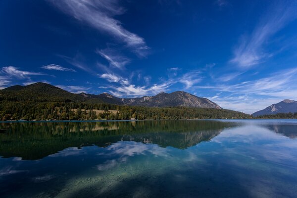 Mountains on the shore of a lake with a clear sky