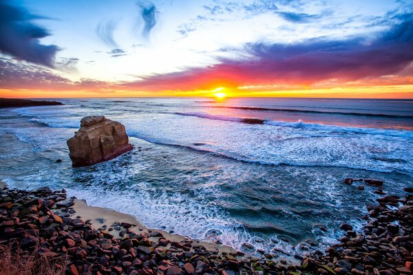 Sunset sky over the sea and rock in California