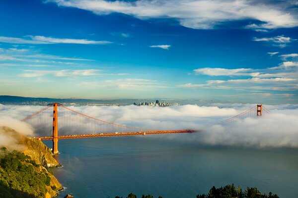 Golden Gate Bridge covered with clouds