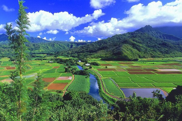 Valley, river, clouds on the background of mountains