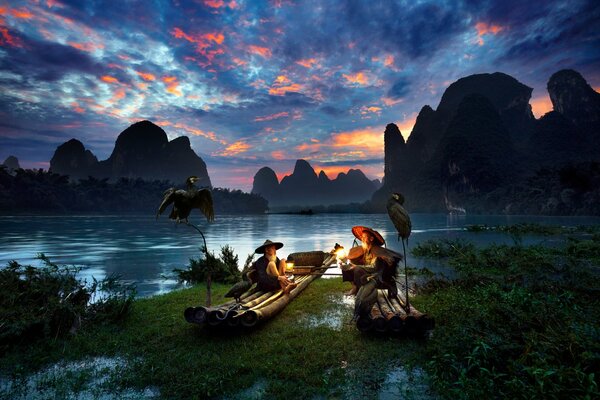 Chinese fishermen surrounded by cormorants