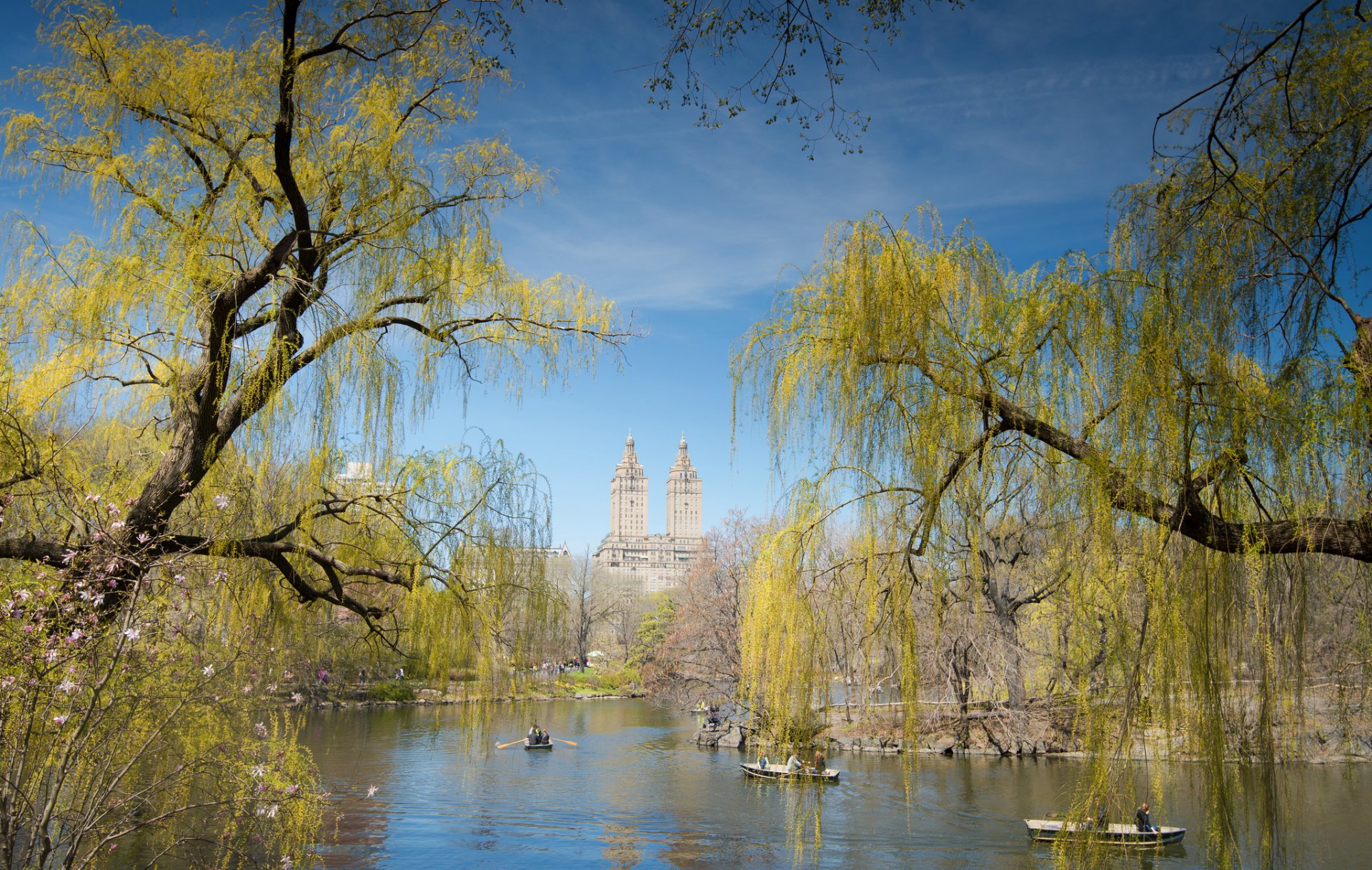 nowy jork usa central park niebo domy staw łódź ludzie drzewa wiosna