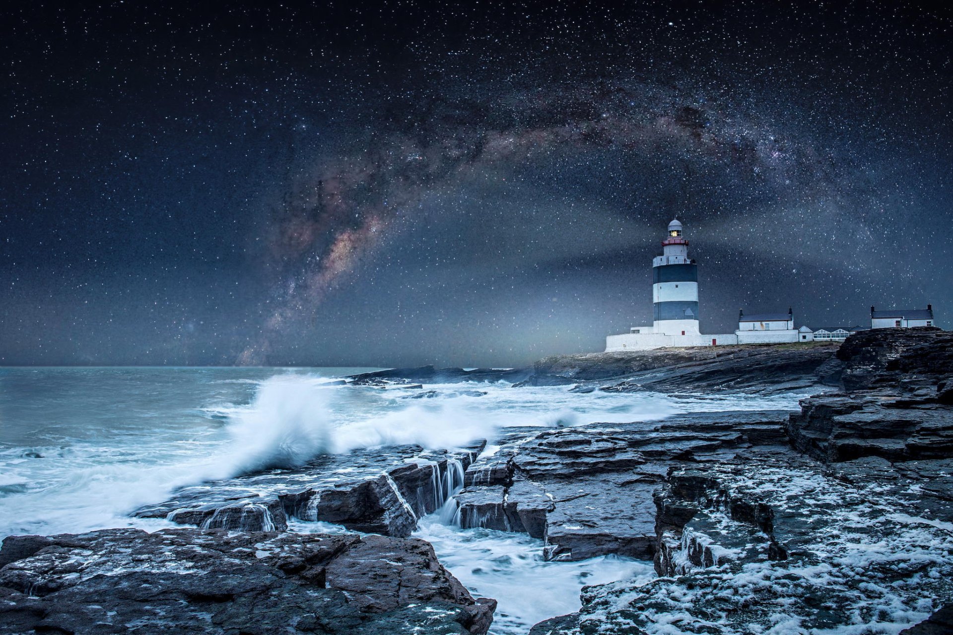 hook lighthouse wexford ireland ocean lighthouse storm sky star milky way beach