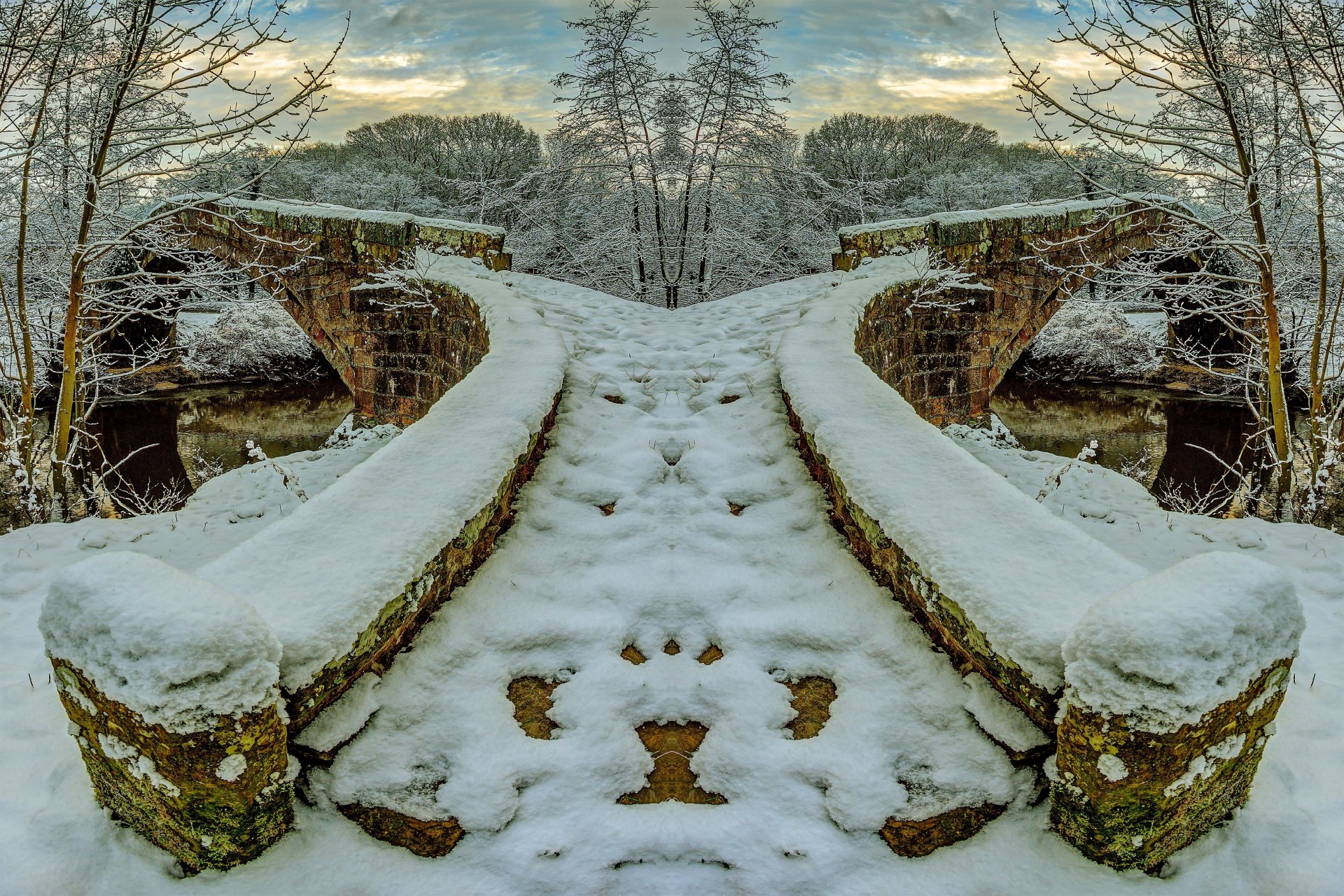 hiver rivière pont de pierre neige arbres givre ciel