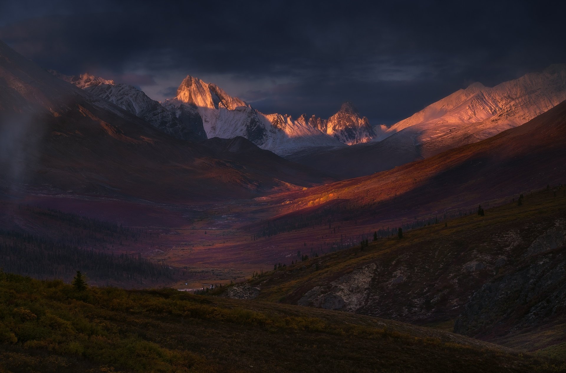 mountain valley sunset autumn