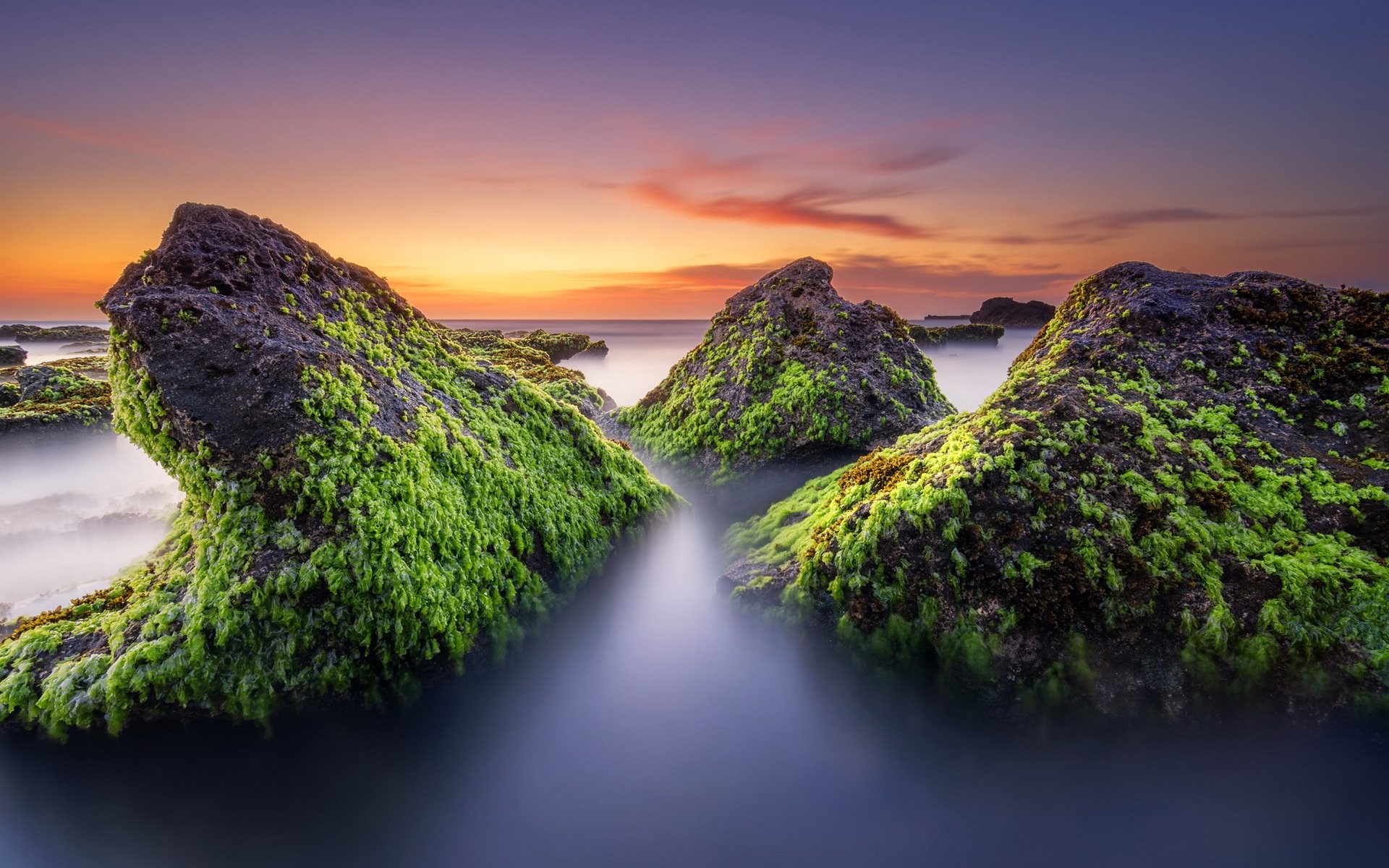 sonnenuntergang meer steine landschaft