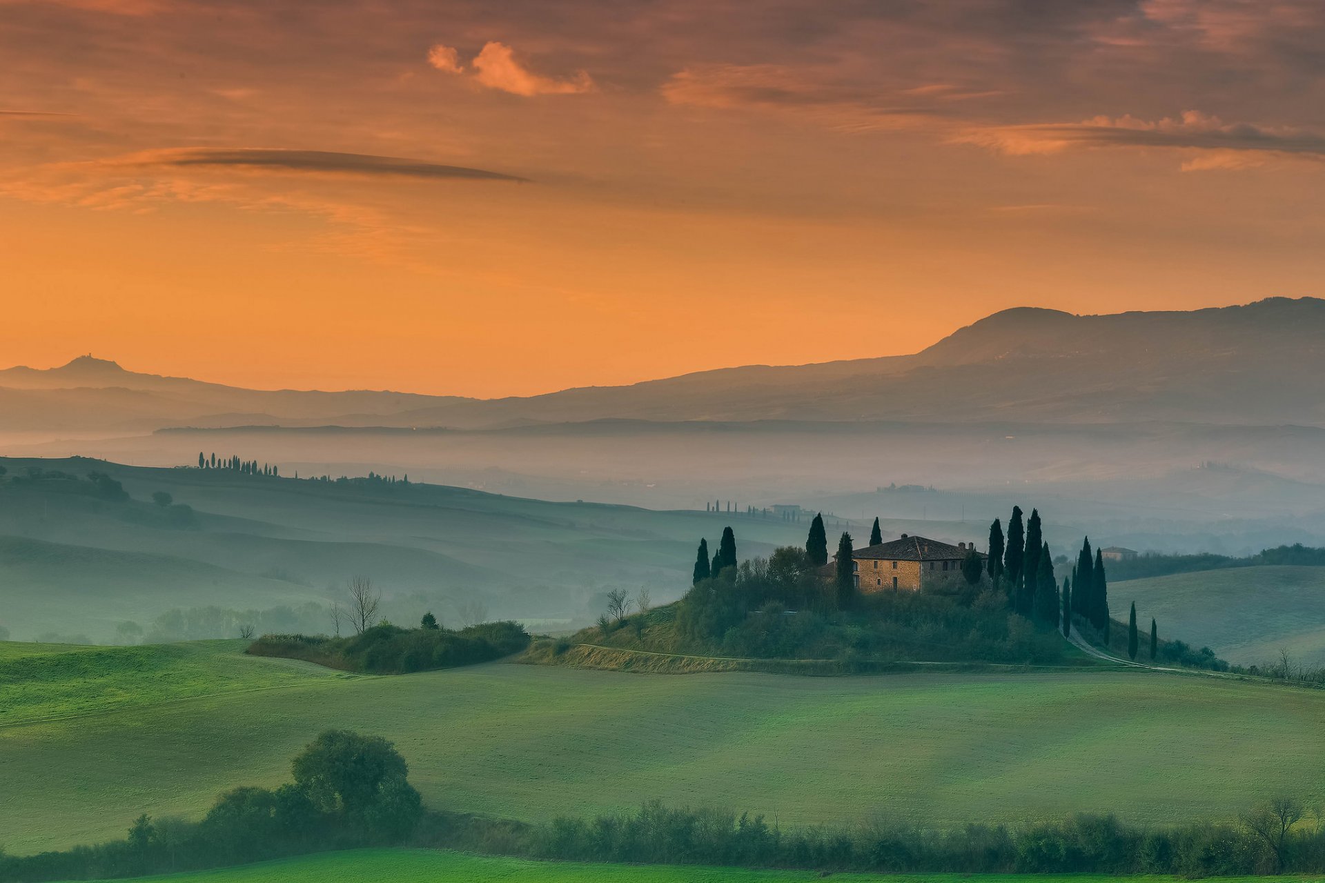 italien toskana felder bäume haus herrenhaus himmel