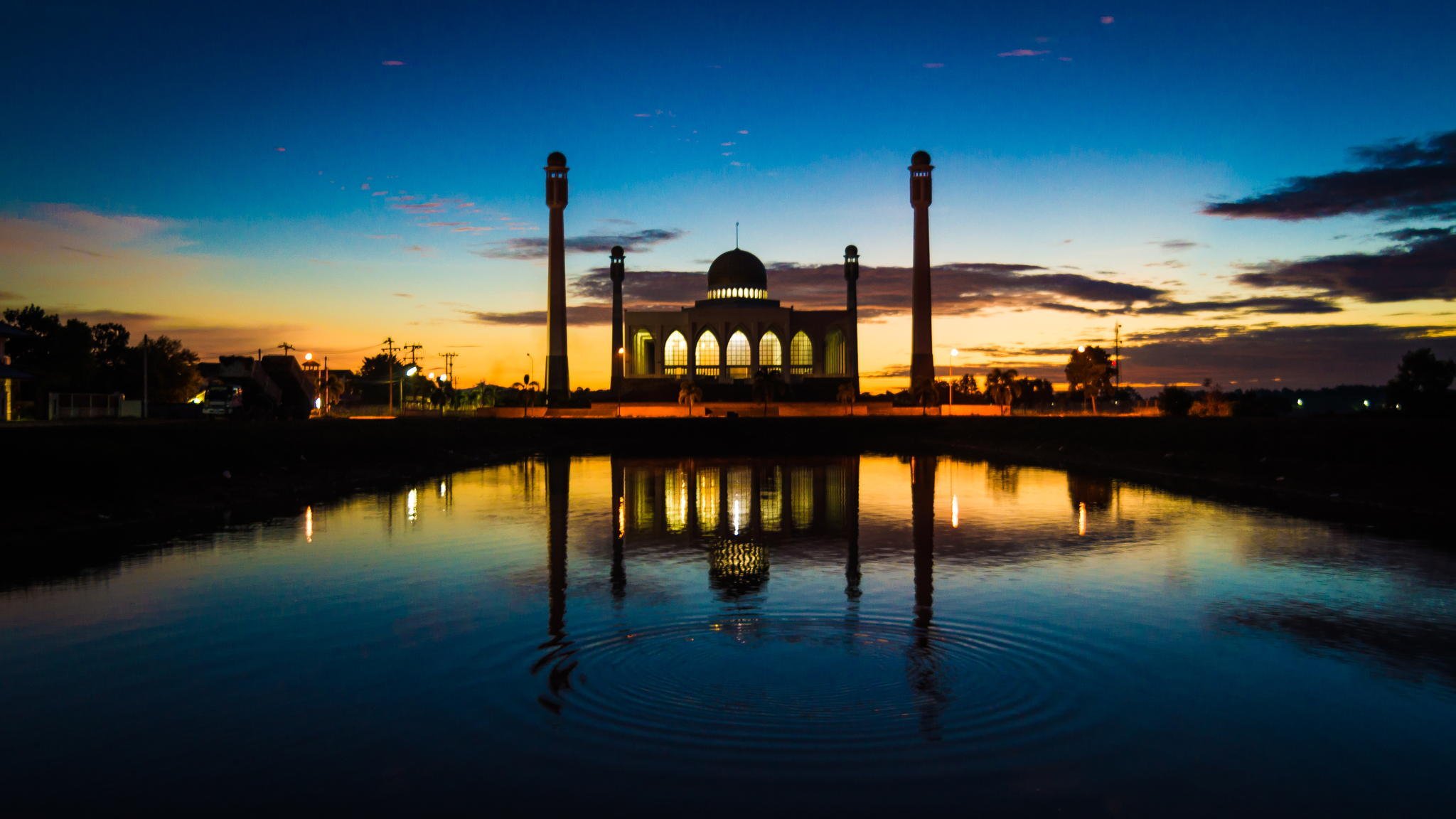 town building mosque sunset fountain