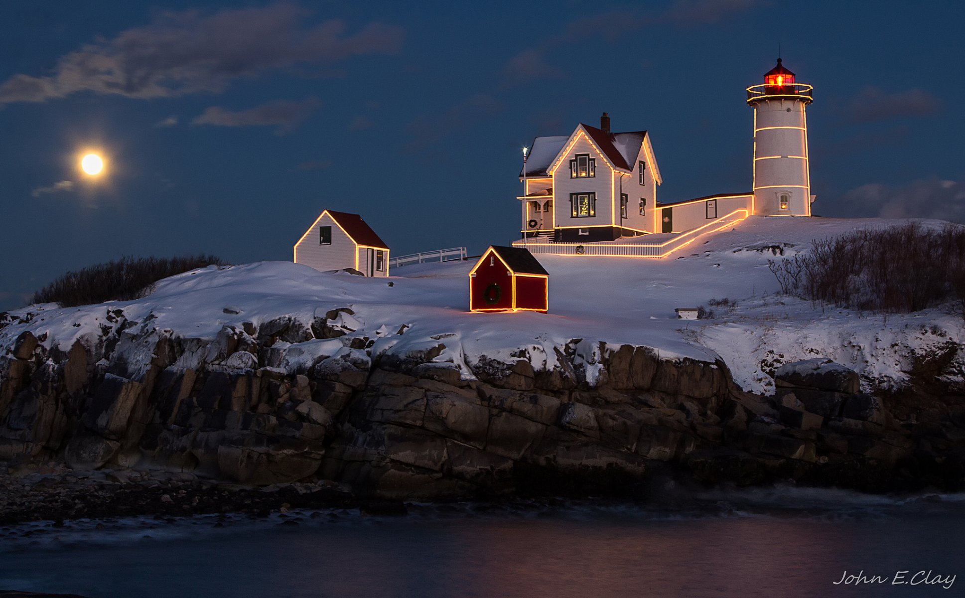 night lighthouse houses light illumination moon sea rock