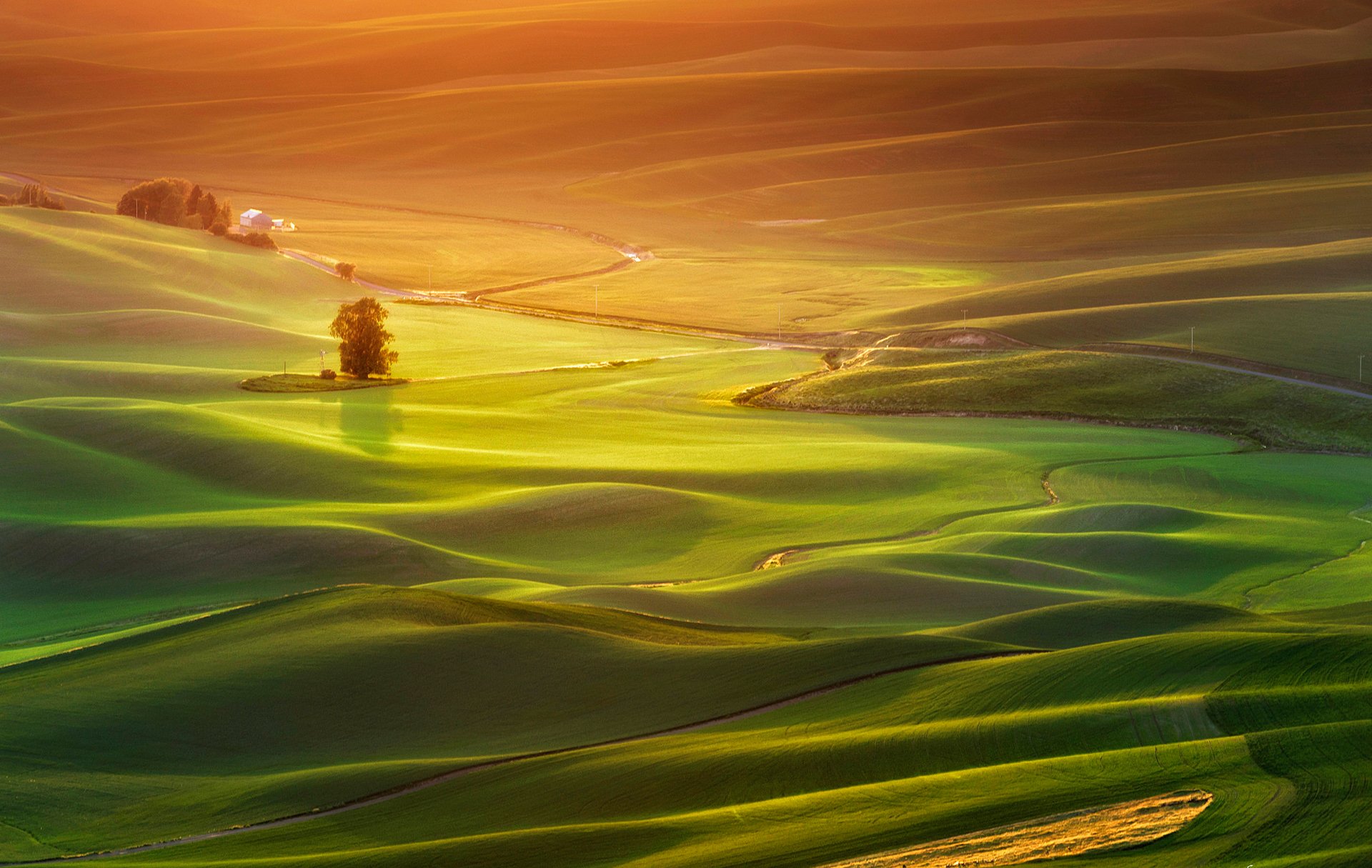 feld hügel gras haus bäume sonnenuntergang